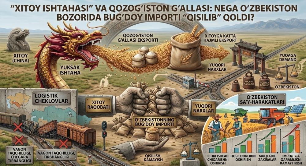 "Xitoy ishtahasi" va Qozog‘iston g‘allasi: Nega O‘zbekiston bozorida bug‘doy importi "qisilib" qoldi?